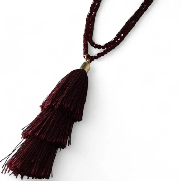 Garnet Red Faceted Crystal Necklace w/ Layered Tassels – 36” Long - Picture 12 of 15